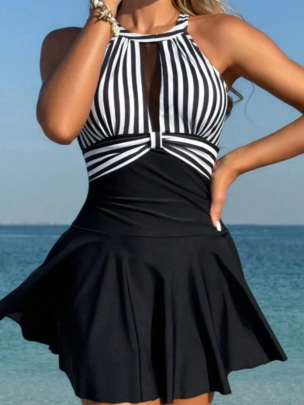Black And White Casual Women's Striped Splicing Mesh Halter Dress